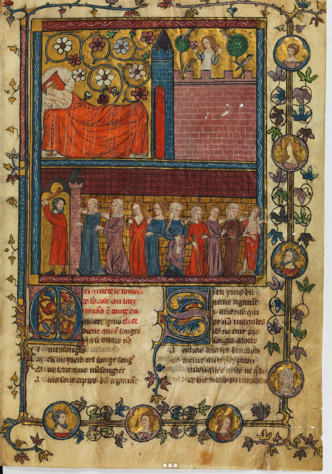 Roman de la Rose. Bibliothek der Kunstakademie Düsseldorf, A.B. 142. This is dated 14th century. f. 1r. No further information is provided by the Roman de la Rose Digital Library, from which this image was downloaded. The style is clearly French, and imagery is similar to BnF_fr_802_lr_Jeanne_de_Montbaston from the atelier Montbaston.