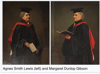 Identitical twin sisters Agnes Smith Lewis (left) and Margaret Dunlop Gibson (right). Paintings by John Peddie from the collection of Westminster College, Cambridge.