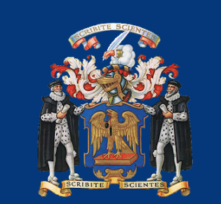 Coat of arms of The Scriveners Company, the motto of which is Scribite Scientes (Write, ye Learned Ones).