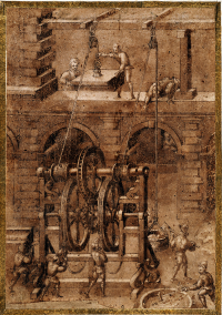Dibner, Ramelli, drawing 3, corresponding to plate CLXIX in the printed edition. This is a drawing of a machine designed to raise heavy objects and is particularly suited to building and fortification construction.