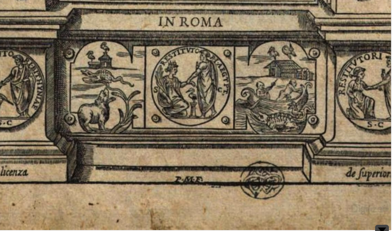 In this enlargement of the lower border of the woodcut title page you see the initials P.M.F. in the center of the lower border for "Geronima me fecit." This book may be the first book published with images signed by a female artist.
