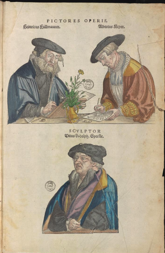 Hand-colored self-portraits of the artists involved in the production of Fuchs