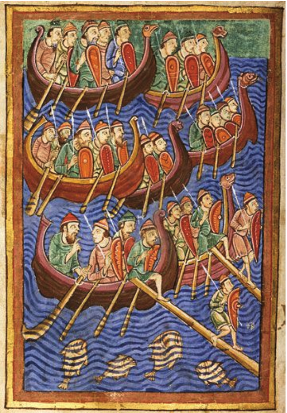 Danes (Vikings) about to invade England. From "Miscellany on the life of St. Edmund" from the 12th century. Morgan Library & Museum MS M.736. f. 9v.).