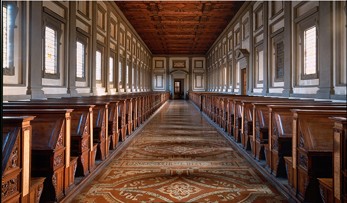 "The Reading Room, which unlike the Vestibule develops horizontally, hosts two series of wooden benches, the so-called plutei, which functioned as lecterns as well as book-shelves. They were designed by Michelangelo and, according to Giorgio Vasari, work of Giovan Battista del Cinque and Ciapino."