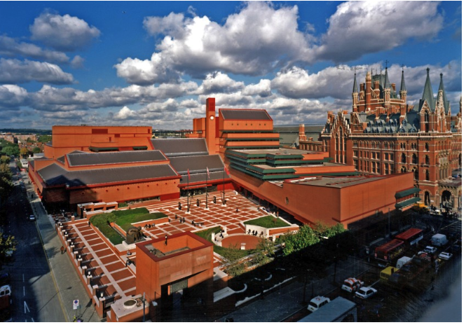 The British Library, St. Pancras. St. Pancras train station is visible in the right of the photograph.