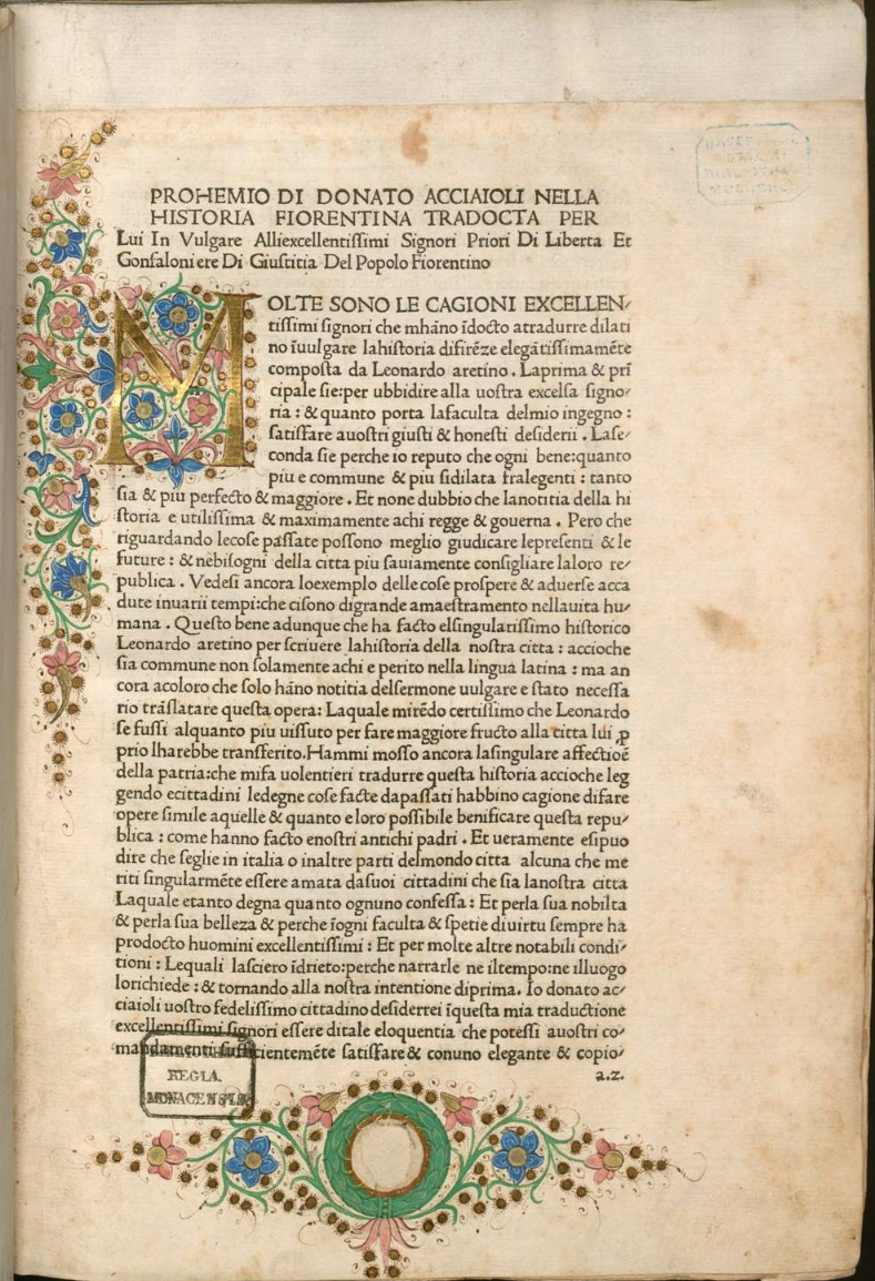 Illuminated first page of the earliest printed edition of Leonardo Bruni