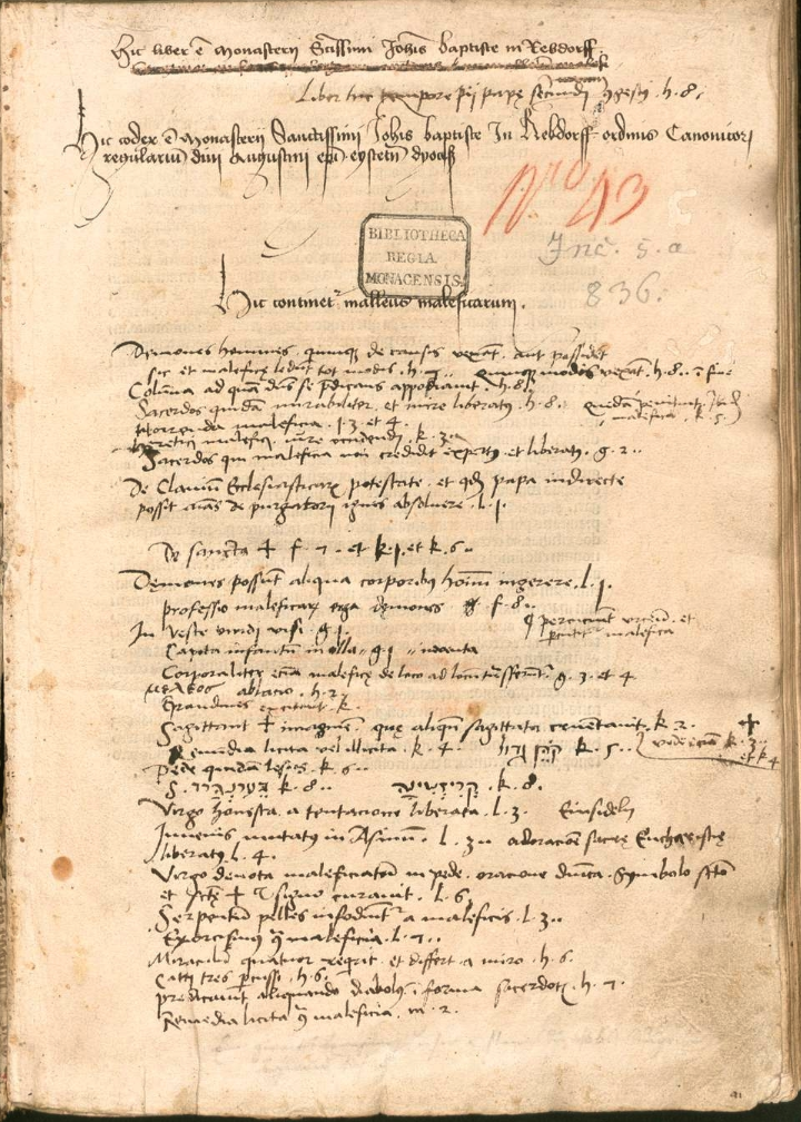 The opening page of this copy of the first edition of the Malleus Maleficarum in the Bayerische Staatsbibliothek includes a manuscript index written at a monastery library. The copy undoubtedly had avid readers in the monastery. 