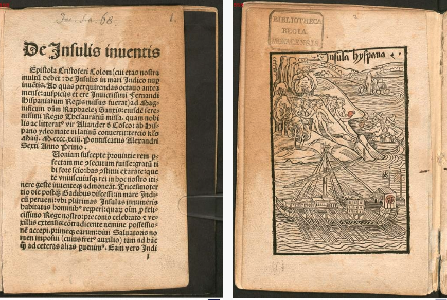 The first of 5 woodcuts in the first illustrated edition of the Columbus letter. Supposedly the woodcuts were copied from drawings by Columbus. This and the other four page openings reproduced with this entry are from the digital facsimile of the copy in the Bayerische Staatsbibliothek.