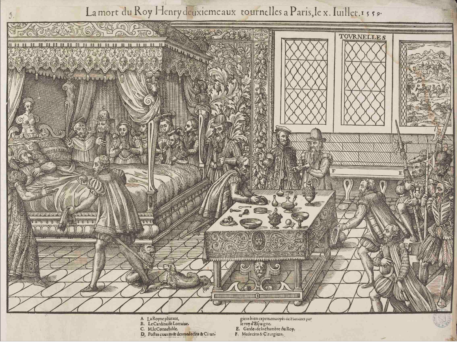 Death of Henry II in Paris, 1559. In a tournament Henry received a fata; blow to his eye from a lance, but he did not die immediately. The woodcut shows him on his deathbed with his family. In the center of the room we see his physicians, Ambroise Paré and Andreas Vesalius. As famous as these physicians were, they could do little except preside over the king