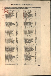 Elegantly rubricated copy of the first page of the author index, by author