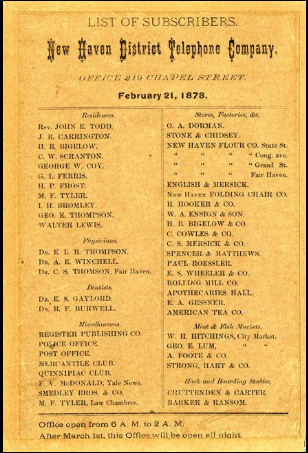 The first telephone directory, issued by the New Haven District Telephone Company, the first public telephone company in the world.