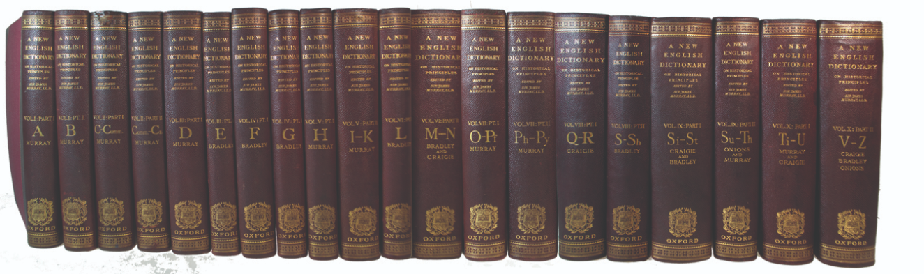 A set of the first editions of the OED in the original deluxe bindings.