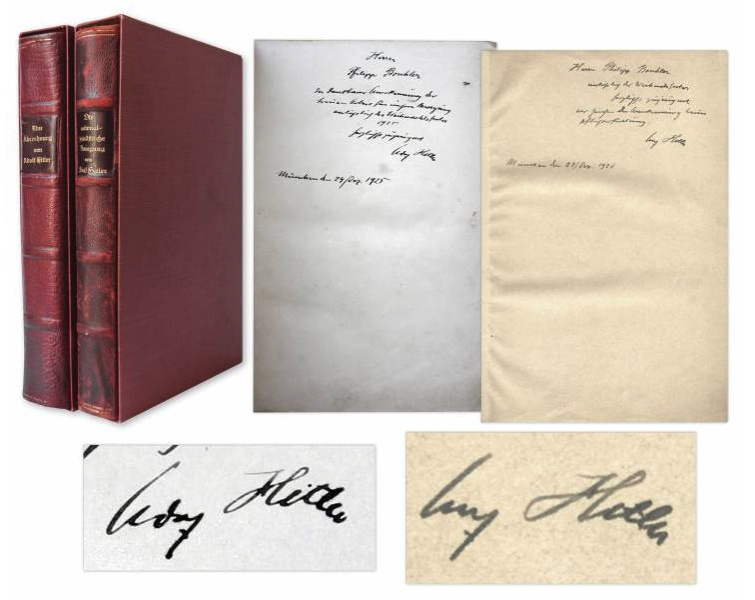 A specially bound set of the first editions of Mein Kampf, inscribed by Hitler in both volumes to Philipp Bouhler, one of the first members of the Nazi party.