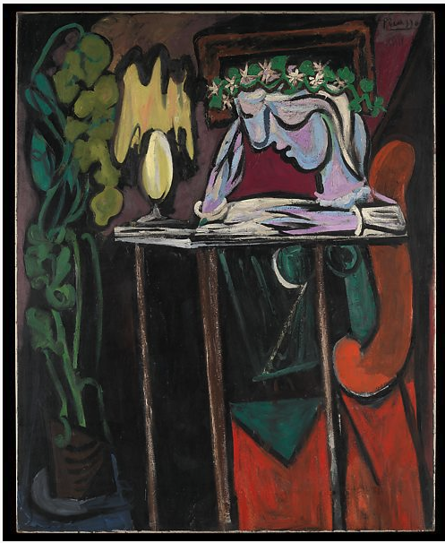 Picasso, Reading at a Table (1934). Oil on canvas 63 7/8 x 51 3/8 in. (162.2 x 130.5 cm). Metropolitan Museum of Art, Accession Number 1996.403.1.