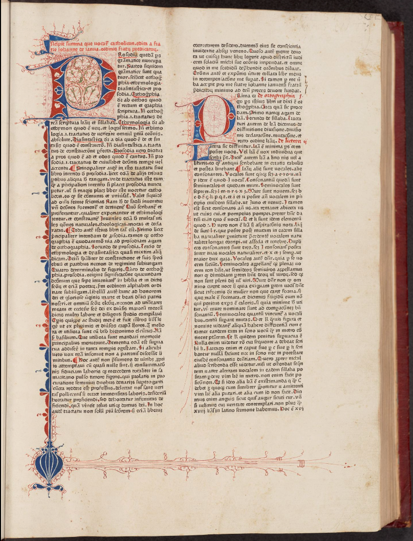 The first page of the copy of the 1460 Catholicon in the Bridwell Library Special Collections, Perkins School of Theology, Southern Methodist University. Notice the related but different style of illumination and rubrication. Princeton provides a full digital facsimile of the copy at this link.