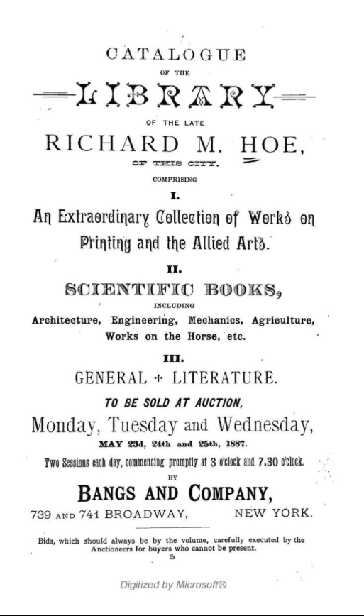 Title page of the auction catalogue of Richard Hoe