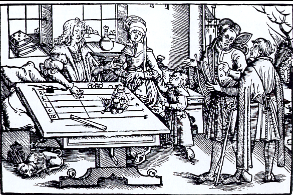 Sixteenth century woodcut showing a Counting board. The lines and the spaces between the lines function like the wires or rods on an abacus. The place value is marked at the end.