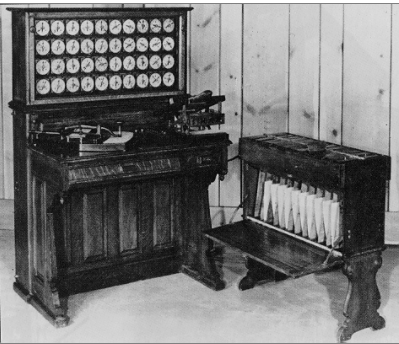 "The results of a tabulation are displayed on the clock-like dials. A sorter is on the right. On the tabletop below the dials are a Pantographic card punch (explained below) on left and the card reading station ("press") on the right, in which metal pins pass through the holes, making contact with little wells of mercury, completing an electrical circuit. All of these devices are fed manually, one card at a time, but the tabulator and sorter are electrically coupled" (http://www.columbia.edu/cu/computinghistory/census-tabulator.html).