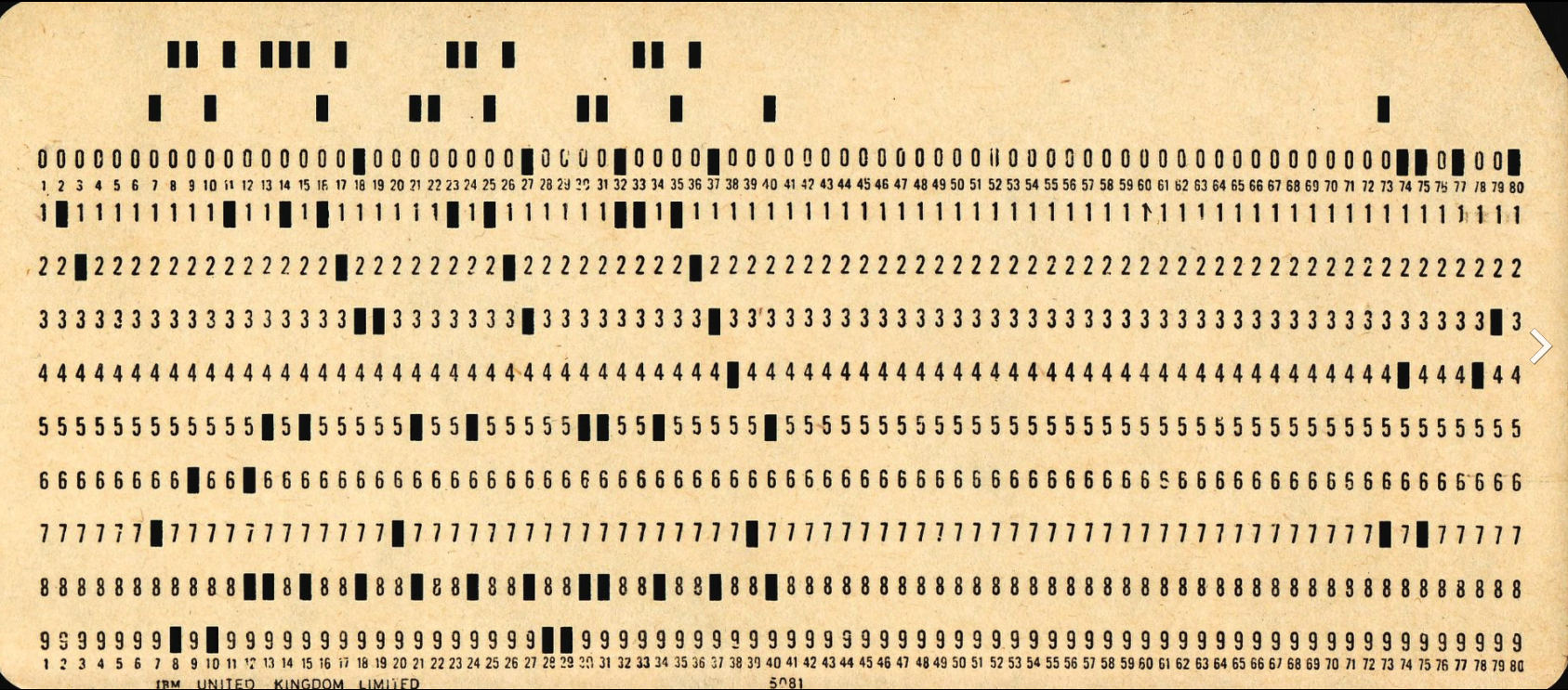 A 12-row/80-column IBM punched card.