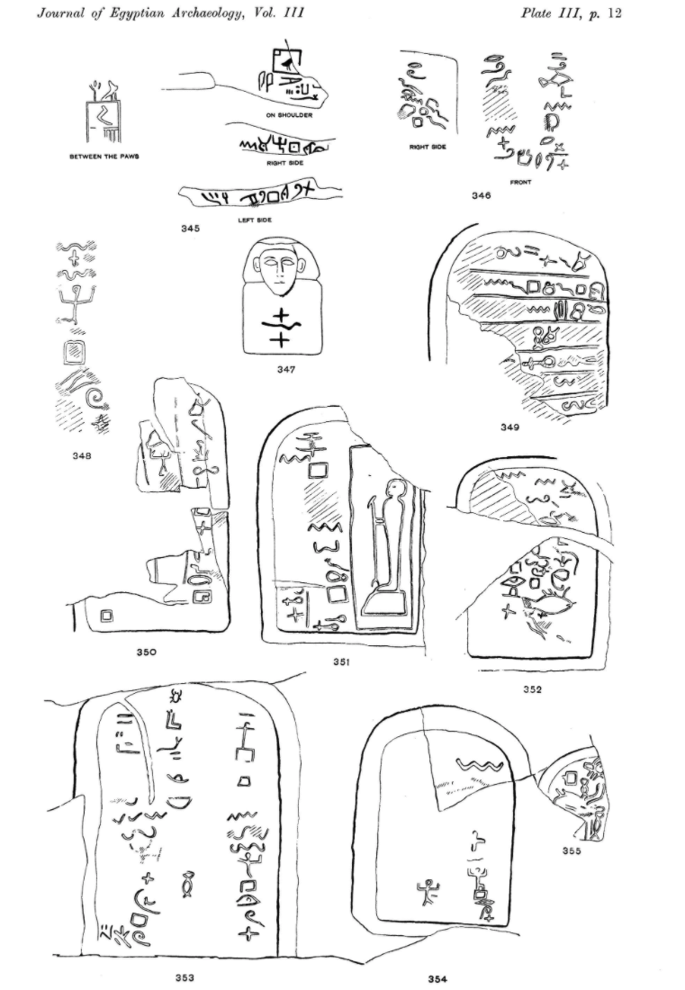 Drawings of the first known Proto-Sinaitic inscriptions, as published in "The Egyptian Origin of the Semitic Alphabet", by Alan H Gardiner, 1916-01-31