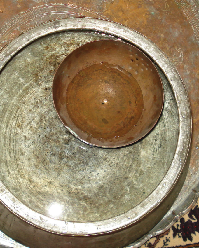 Ancient Persian clock in Qanats of Gonabad Zibad. Water was placed in the smaller copper bowl that has a small hole in the bottom, allowing water to drain into the larger bowl. On the inside of the smaller bowl at about 2 o