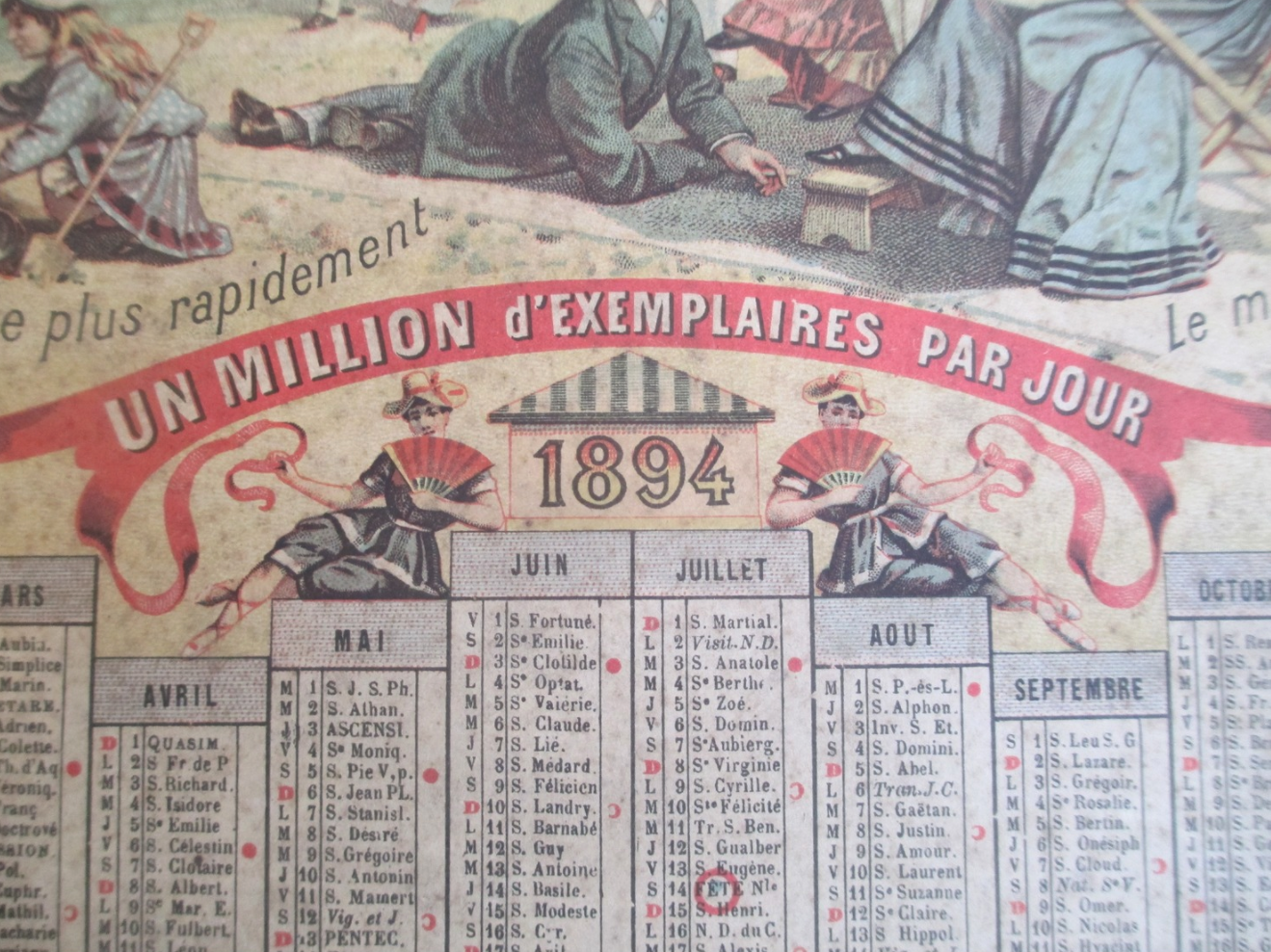 Detail of a Le Petit Journal color calendar issued in 1894 touting the million copy circulation of the newspaper.
