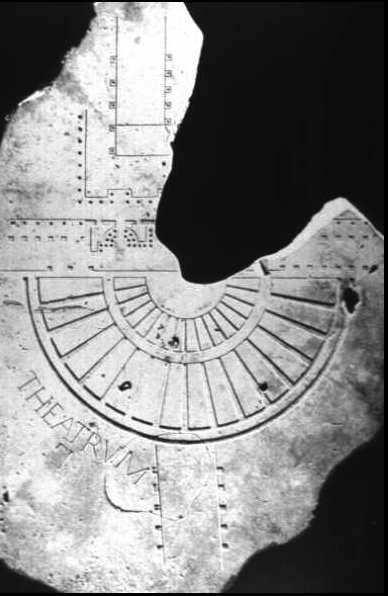 Reconstruction of a part of the Forma Urbis Romae, the great ancient marble map of Rome from the time of Septimius Severus, showing the cavea of theatrum Pompei.