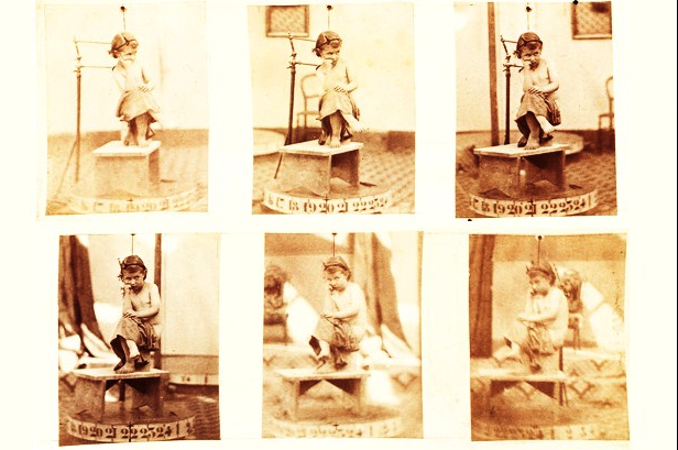 Series of photographs taken in 1865 for photosculpture. Note the numbers at the base of the stand on which the subject is seated identifying the number of each of the 24 cameras involved.
