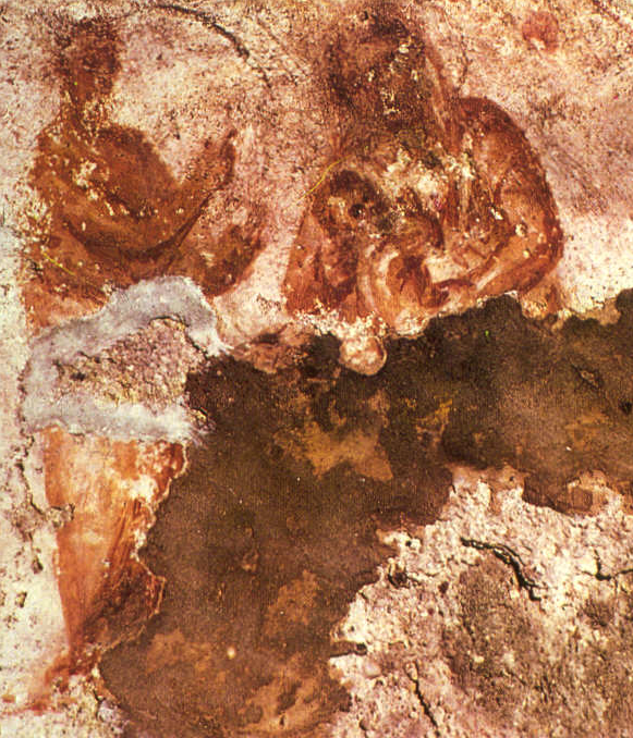 Possibly an image of Mary nursing the Infant Jesus, though this is disputed. 3rd century, Catacomb of Priscilla, Rome.
