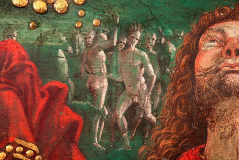 Detail of painting created in 1494 by Pinturicchio in the Vatican may be the earliest depiction of native Americans. The native Americans are visible just to the left of the face behind the open coffin from which Christ has risen. That is visible in the larger detail from the painting illustrating this database entry.