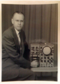 Somewhat out of focus image of Laposky with his oscilloscope, the tool he used to create his art.