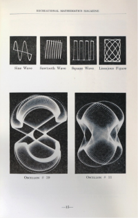 Art work by Laposky illustrating an article by him in Recreational Mathematics magazine entitled "Electronic Abstractions: Mathematics in Design." (1961).
