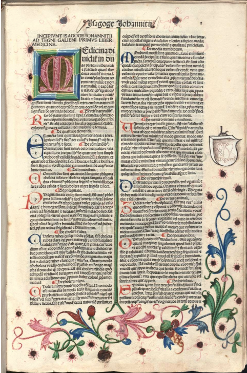 Initial leaf, extensively illuminated, of the Bayerische StaatsBibliothek copy of the first printed edition of the Articella, that contains, among various other texts, the first printed bibliography of a medical author.