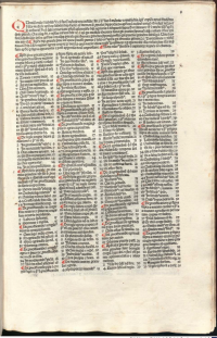 The subject indices to the first printed edition of Articella were unusually elaborate for a 15th century medical book, reflecting the use intended for the book as a kind of reference library on general medicine for a practicing physician. The first leaf was printed in FOUR columns.