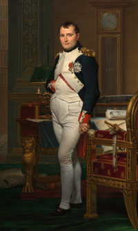 Napoleon around the age of 40 in his study at the Tuileries, painted by Jacques-Louis David. National Gallery of Art, Washington, D.C.
Historical details provided by the Google Art Project: "Commissioned by Alexander, marquis of Douglas [1767 1852, from 1819, 10th duke of Hamilton], Hamilton Palace, Strathclyde, Scotland;[1] by inheritance to his son, William Alexander Anthony Archibald Douglas, 11th duke of Hamilton [1811 1863], Hamilton Palace, Strathclyde, Scotland; by inheritance to his son, William Alexander Louis Stephen Douglas Hamilton, 12th duke of Hamilton [1845 1895], Hamilton Palace, Strathclyde, Scotland; (Hamilton Palace Collection sale, Christie, Manson & Woods, London, 17 June 20 July 1882 (8 July), no. 1108); bought by (F. Davis), probably buying for Archibald Philip Primrose, 5th earl of Rosebery, [1847 1929], London;[2] his son, Albert Edward Harry Mayer Archibald Primrose, 6th earl of Rosebery [1882 1974], London; sold 15 June 1951 to (Wildenstein & Co., London and New York); sold February 1954 to the Samuel H. Kress Foundation, New York;[3] gift 1961 to NGA."