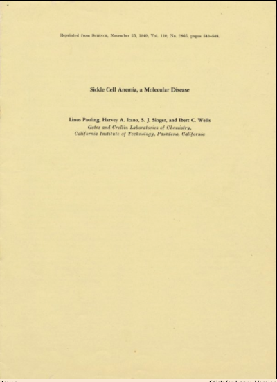 Upper cover of the offprint of "Sickle Cell Anemia, a Molecular Disease".