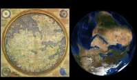A comparison made  by NASA of the Frau Mauro World Map from 1450 CE and a satellite image of Earth, rotated to correspond to the map. The satellite image - the Blue Marble - was created using data from the MODIS instrument onboard the Terra and Aqua satellites.  "NASA describes the comparison as "stunning" and notes how accurate parts of the map are considering the methods that were available at the time." (Wikipedia)