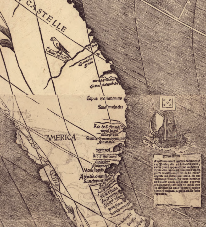 Detail of the Waldeseemüller world map showing the name "America."