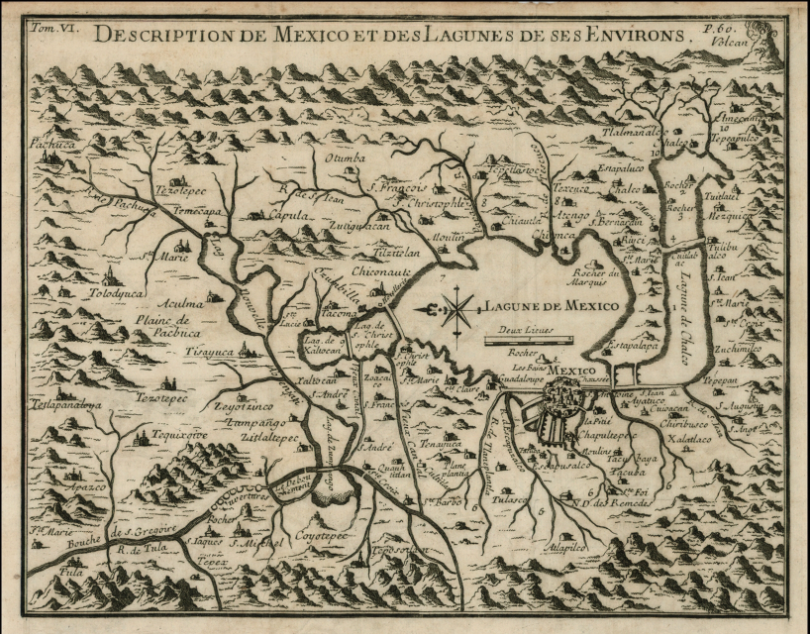Map of the area around Mexico City, centered on the large Lagune de Mexico and extending to the surrounding mountains, rivers, towns and villages, published by Italian traveler Giovanni Francesco Gemelli Careri who reportedly based the map on a copy an original native map while Careri was in Mexico. The map is drawn on a partial bird