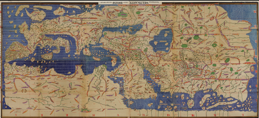 Modern considation, done in 1929 of the Tabula Rogeriana, drawn by al-Idrisi for Roger II of Sicily in 1154. The consolidation was created from al-Idrisi