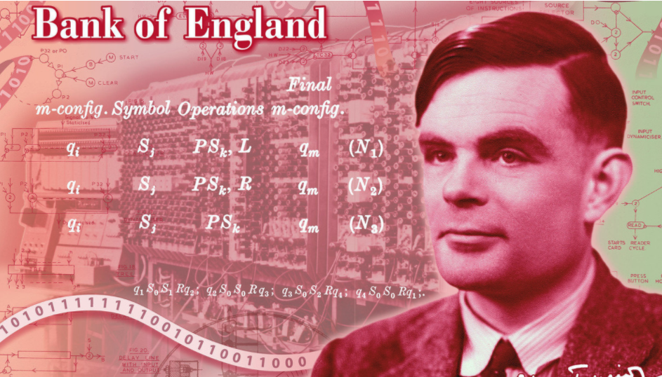 In 2019 it was announced that Alan Turing would appear on the new Bank of England 50 GBP note. The design shows him in front of an electronic computer that resembles a Colossus II--a computer of the type that Turing used to decipher Enigma code during World War II. The computer plans in the background of the note include a delay line memory--an early electronic memory for a stored program computer that did not exist during World War II.