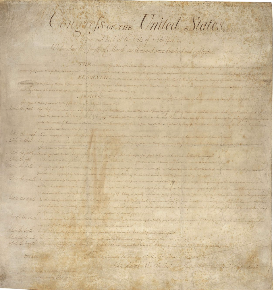 "The Bill of Rights, twelve articles of amendment to the to the United States Constitution proposed in 1789, ten of which, Articles three through twelve, became part of the United States Constitution in 1791. Note that the First Amendment is actually "Article the third" on the document, Second Amendment is "Article the fourth", and so on. "Article the second" is now the 27th Amendment. "Article the first" has not been ratified." (Wikipedia) National Archives.