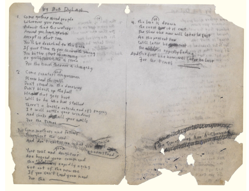 The original manuscript of "The Times They Are a-Changin'" by Bob Dylan from 1964 (Image: historyofinformation.com)