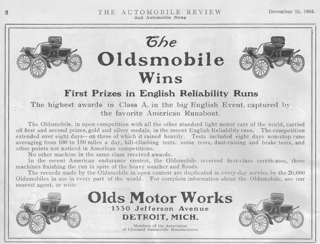 1903 Advertisement for the four models of the Curved Dash Oldsmobile, the first high-volume, low-priced American motor vehicle. The curved dashboard is prominent at the front of each of the models.