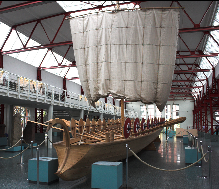 Reconstructed navis lusoria, a type of small military vessel of the late Roman Empire that served as a troop transport, at the Museum of Ancient Seafaring, Mainz.