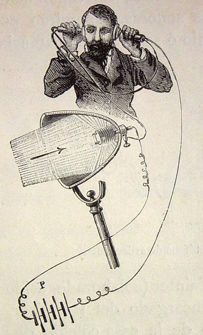 "A photophone receiver, depicting the conversion of modulated light to sound, as well as its electrical power source (P)
