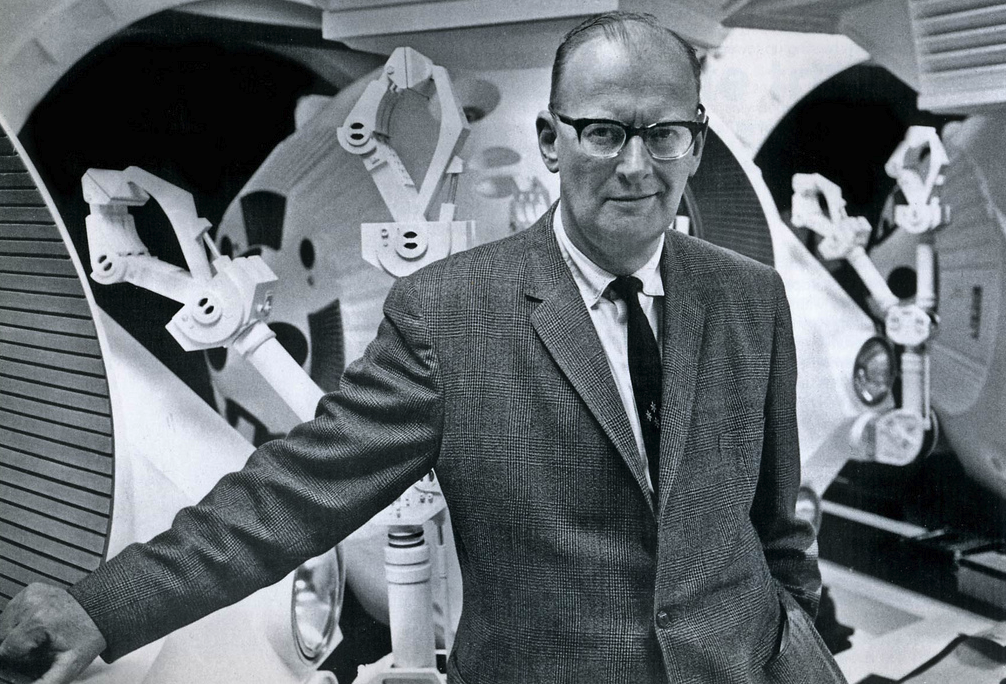 Arthur C. Clarke in February 1965, on one of the sets of 2001: A Space Odyssey