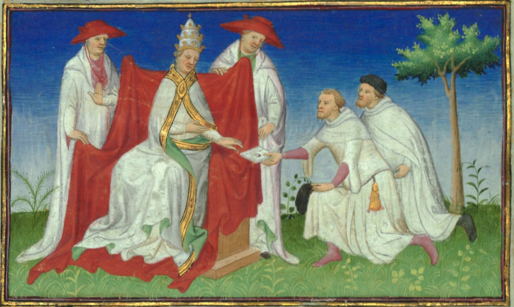 Niccolò and Maffeo Polo remitting a letter from Kublai Khan to Pope Gregory X in 1271. From a 15th century miniature painting. Gallica Digital Library.
