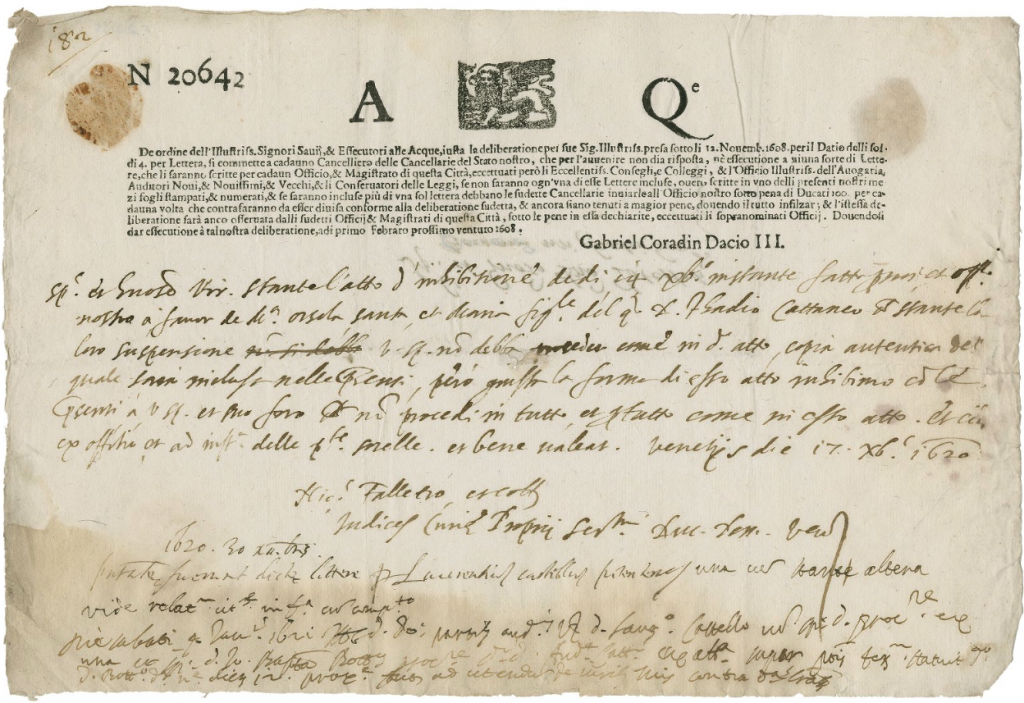 Preprinted, prepaid letter sheet AQ [Acque] No. 20642. Folger Shakespeare Library. This letter is dated 1620. It is signed by revenue officer Gabriel Conradin at bottom of letter. Printed text is Venetian prepaid post office stationery with the 1608 statute authorizing revenue from postage to be used for the upkeep of the city waterworks..
