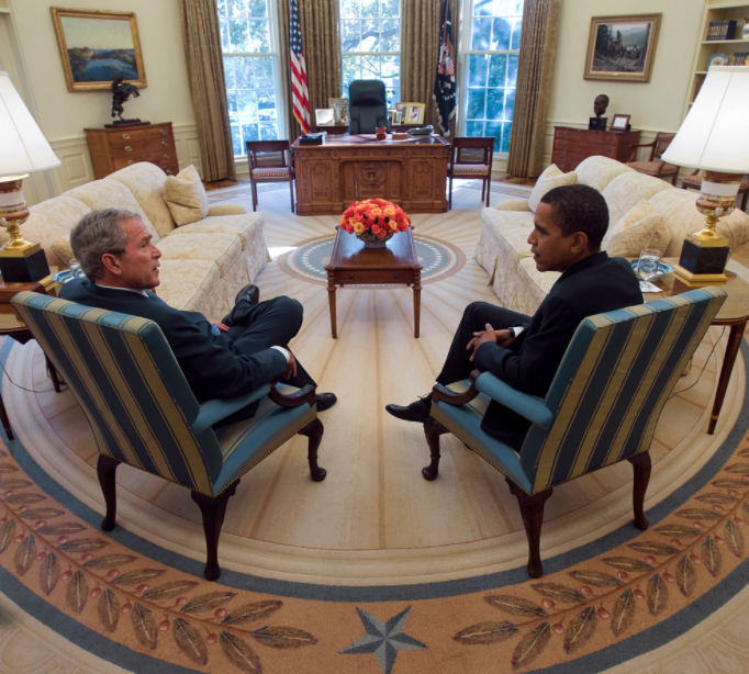 President George W. Bush and President-elect Barack Obama meet in the Oval Office of the White House Monday, November 10, 2008.